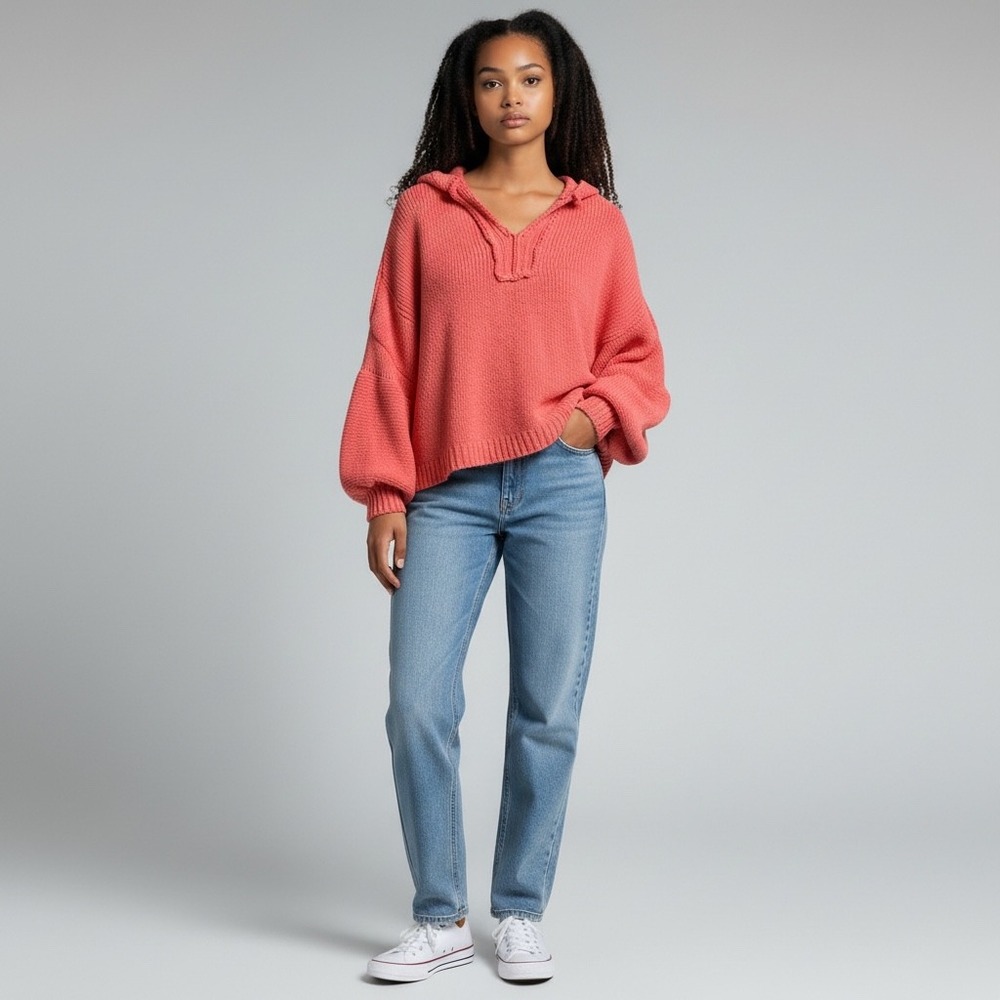 POL Pink Chenille Knit Oversized Hoodie Balloon Sleeve Sweater BST537 Womens L